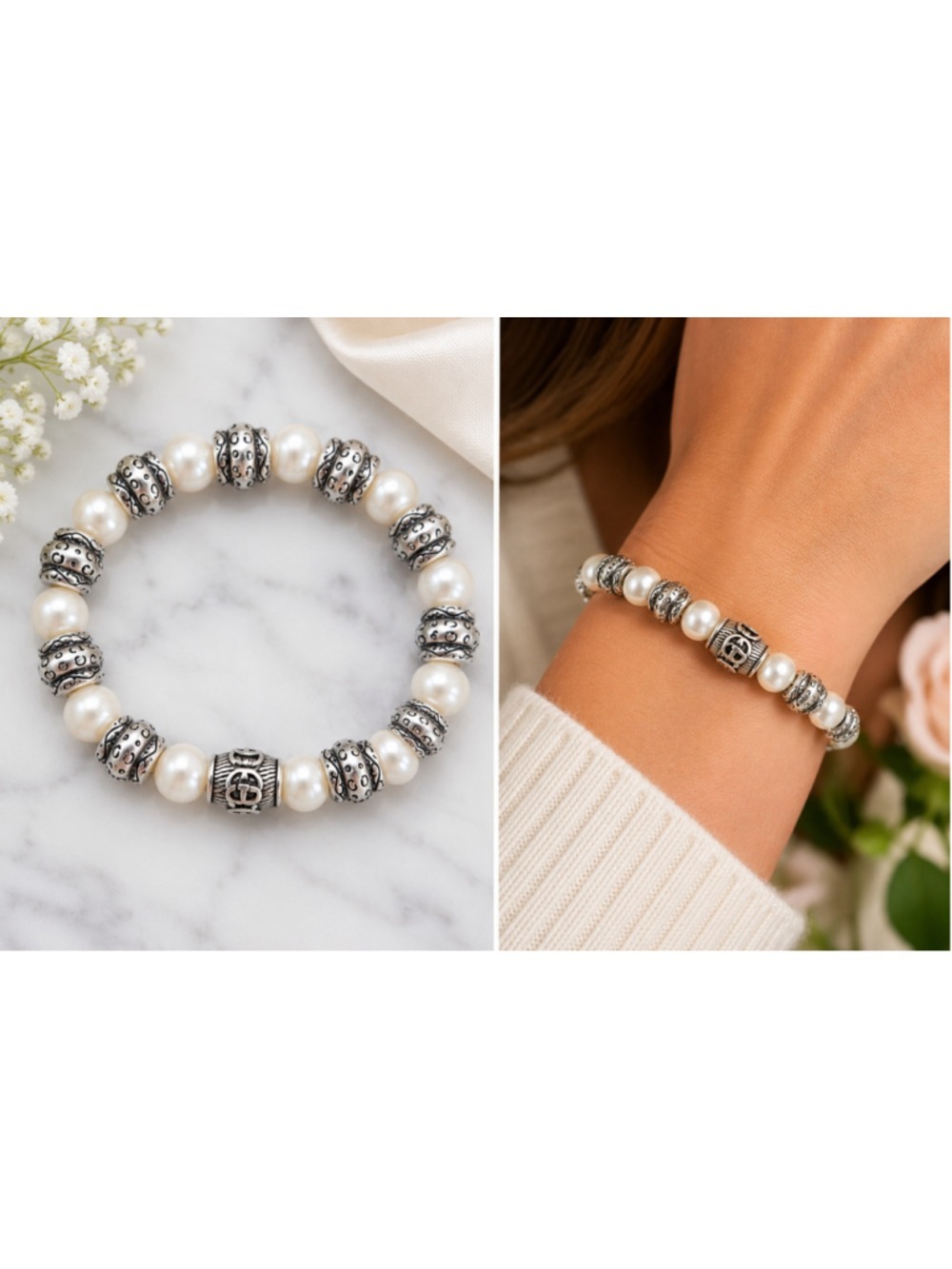 Faux Pearl Silver Plated Beaded Stretch Bracelet Designer Style 6” Logo